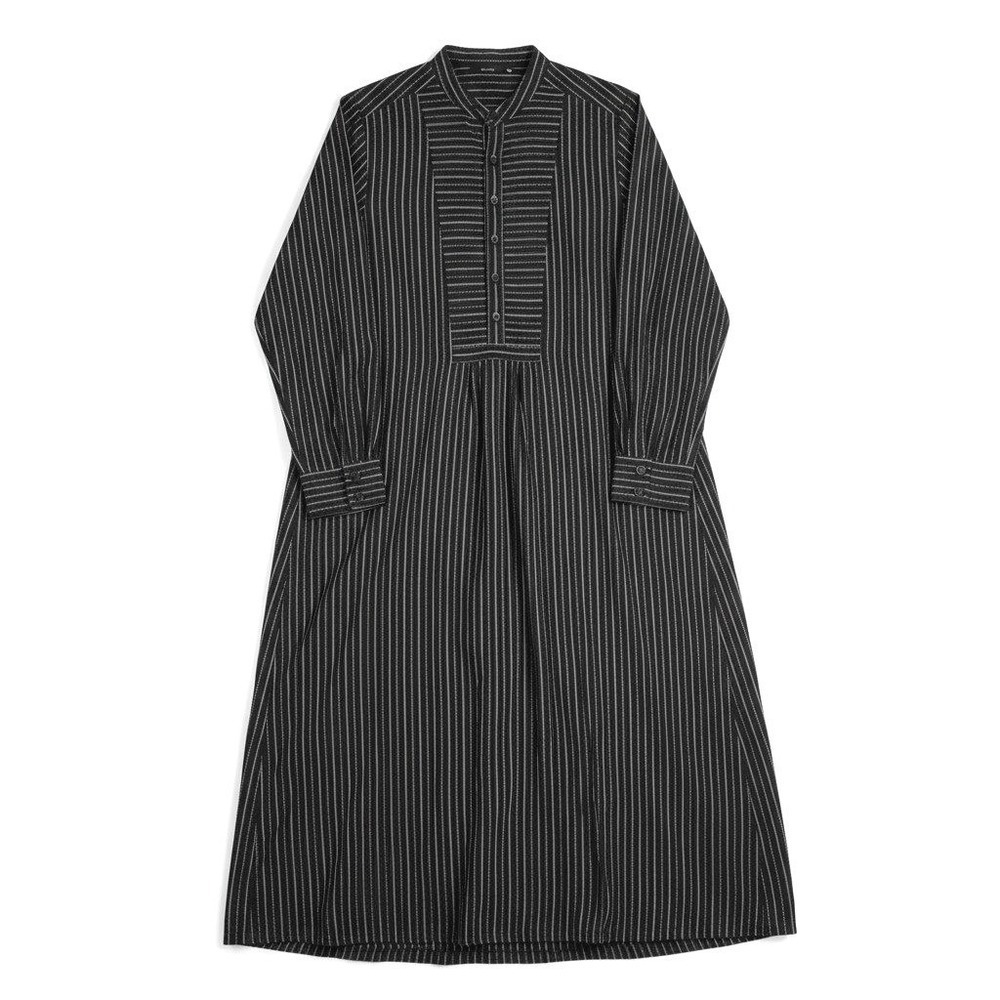 Pas de Calais Shirt Dress Womens 40 / Lg Black White Stripe Mandarin Collar Midi